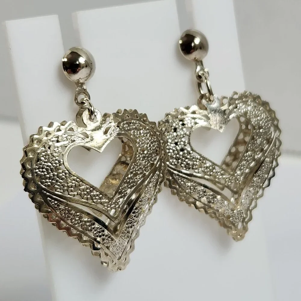 VTG NIB 3.48g 925 Retro "Puffed" Thin Silver Filigree Open Drop Stud Earrings - Picture 3 of 15